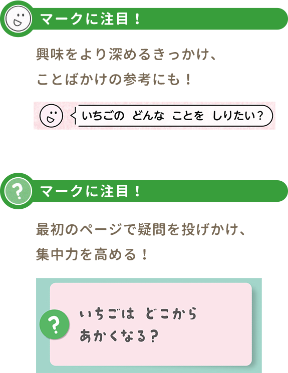 導入につかいやすいクイズ、欄外のことばかけの参考はアイコンマークでわかりやすく。「しんぶんページ」では実体験につながるヒントを紹介しています。